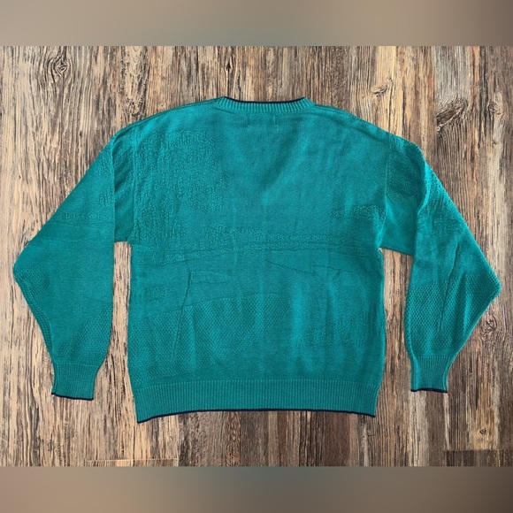 Vtg Winona Knits Embossed Golf Sweater M Teal V-Neck Pullover Embroidered Preppy - Picture 2 of 12